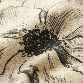 Dekorationsstof Halvpanama tegnede blomster – anemone/sort, 