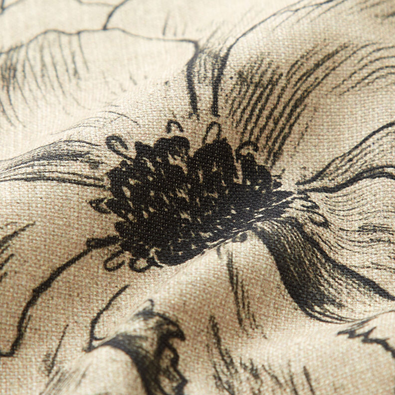 Dekorationsstof Halvpanama tegnede blomster – anemone/sort,  image number 2