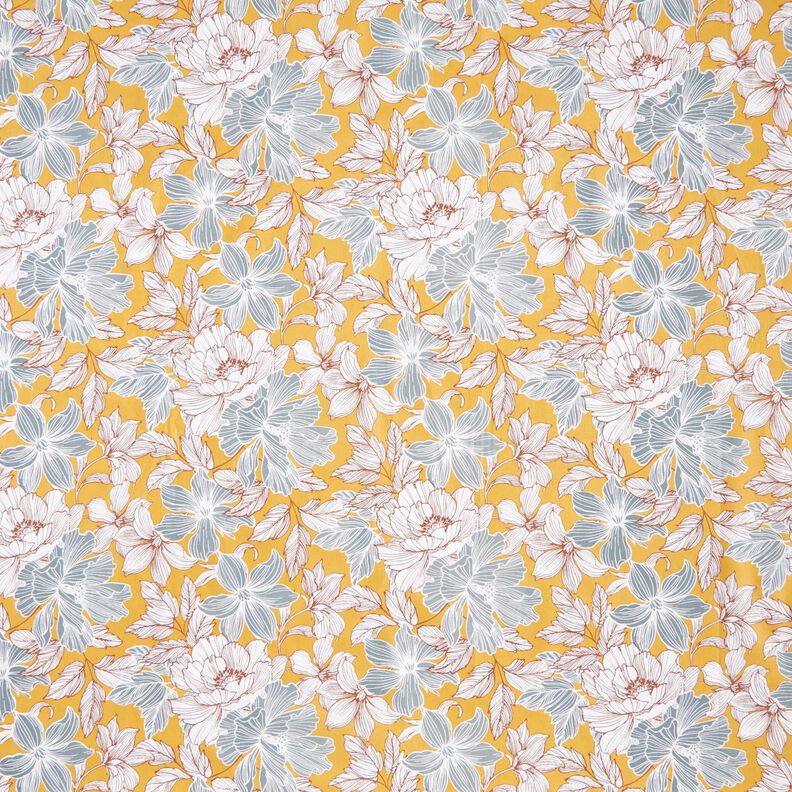 Bomuldsstof Cretonne store blomster – sennep/grå,  image number 1