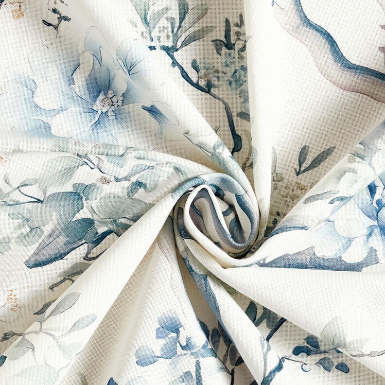 Dekorationsstof Halvpanama malede grene – hvid/blågrå,  image number 3