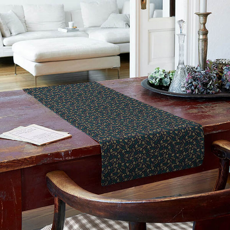 Bomuldsstof Poplin grene og bær – natblå/guld,  image number 7