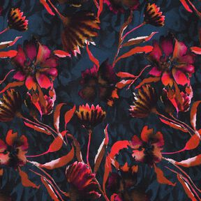 Bomuldsjersey udtryksfulde blomster Digitaltryk – natblå/drue, 