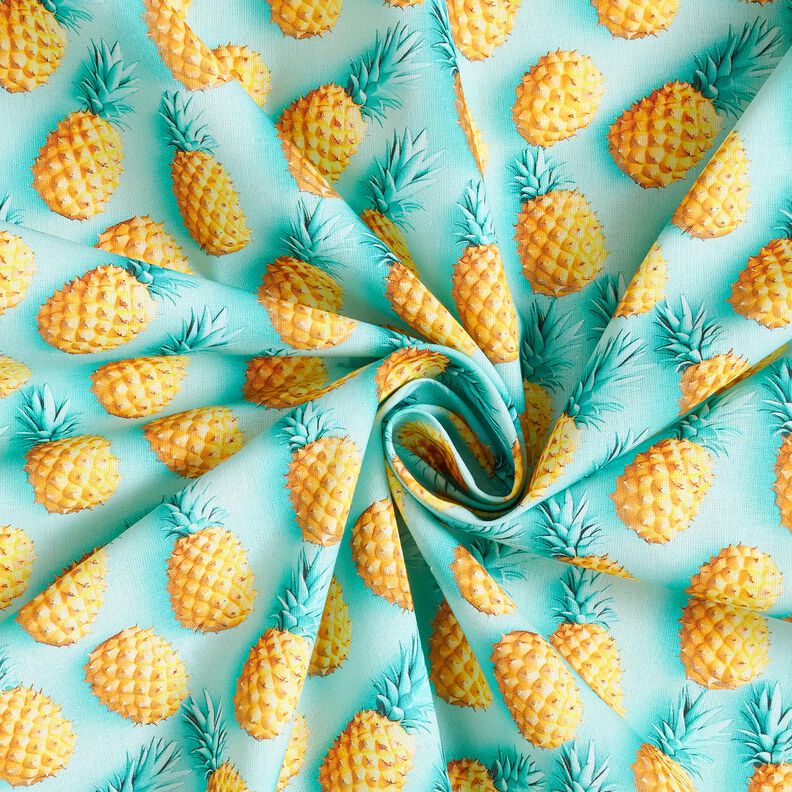 Bomuldsstof Poplin ananas – aquablå/gul,  image number 3