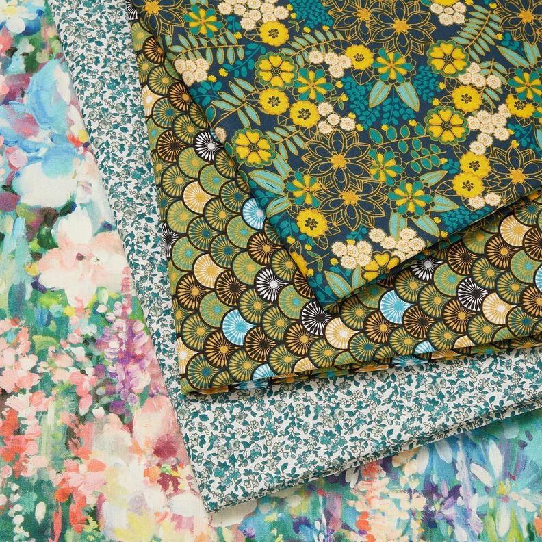 Bomuldsstof Cretonne masser af blomster – petrol/hvid,  image number 5