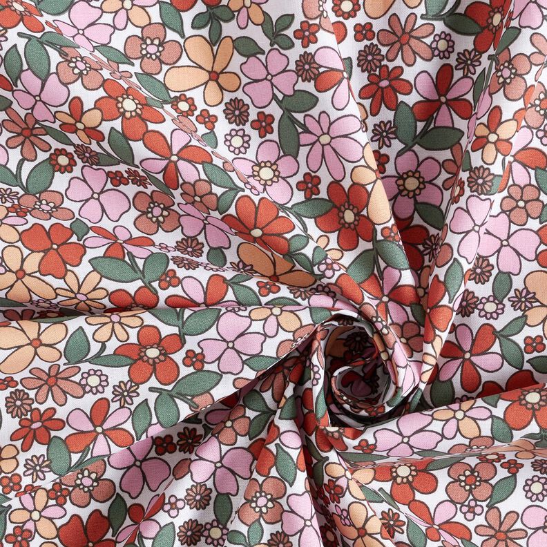 Bomuldsstof Cretonne små retroblomster – hvid/rosa,  image number 3