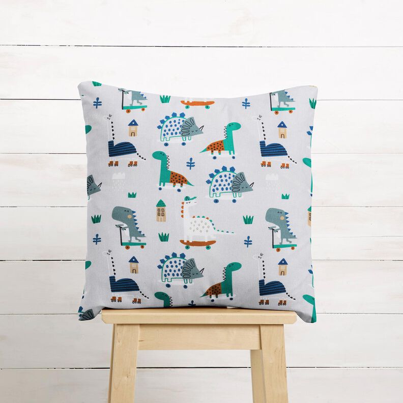 Dekorationsstof Halvpanama skater-dinosaurer – sølvgrå/pebermynte,  image number 7