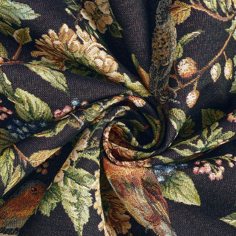 Dekorationsstof Gobelin blomster og fugle – sort/grøn,  image number 3