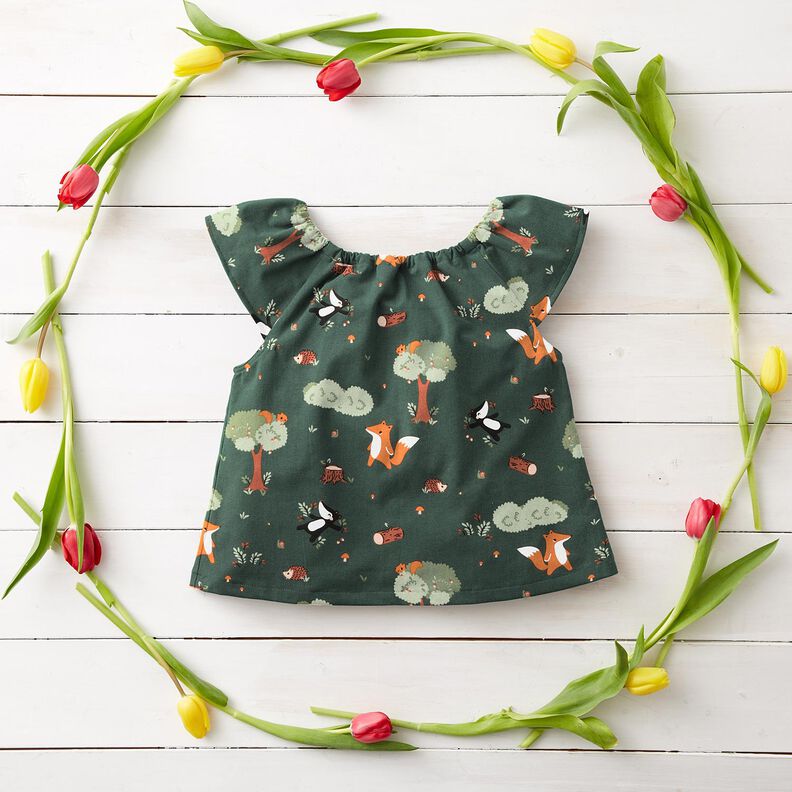 Bomuldspoplin legesyge dyr i skoven – mørkegrøn/ferskenorange,  image number 6