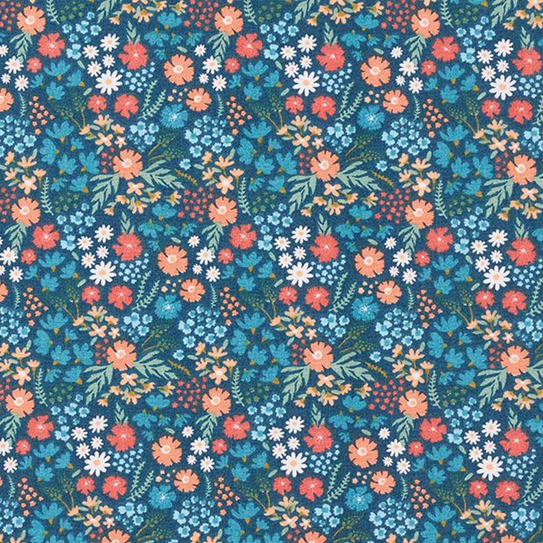 Økologisk bomuldspoplin søde blomster – havblå,  image number 1