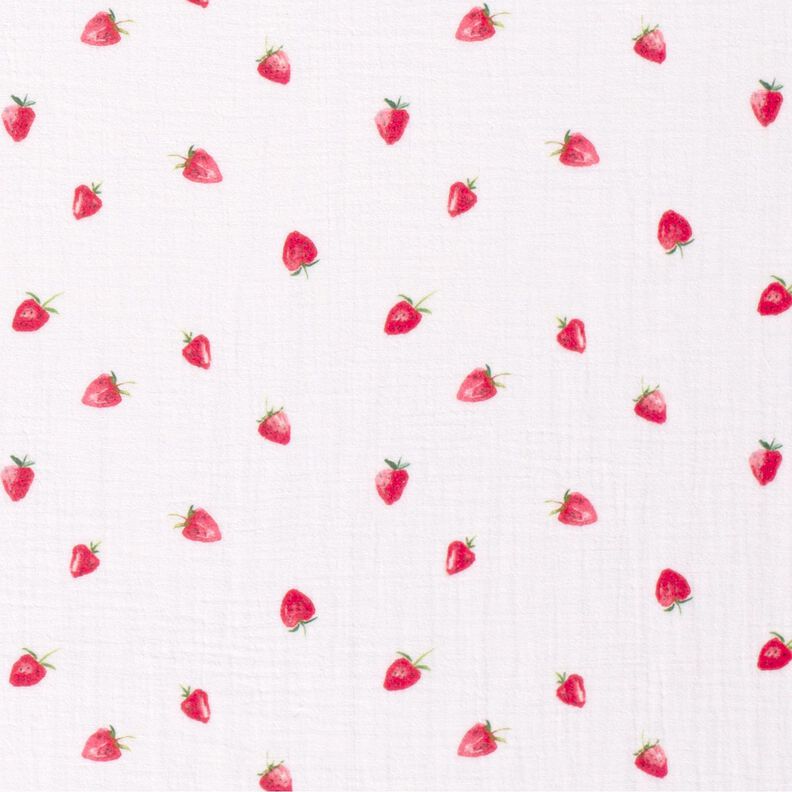 Musselin/Dobbelt-Crincle stof Akvarel jordbær Digitaltryk – hvid,  image number 1