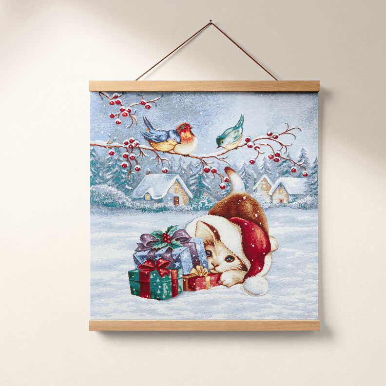 Dekorativt panelstof Gobelin kat med gaver – lyseblå/karminrød,  image number 6