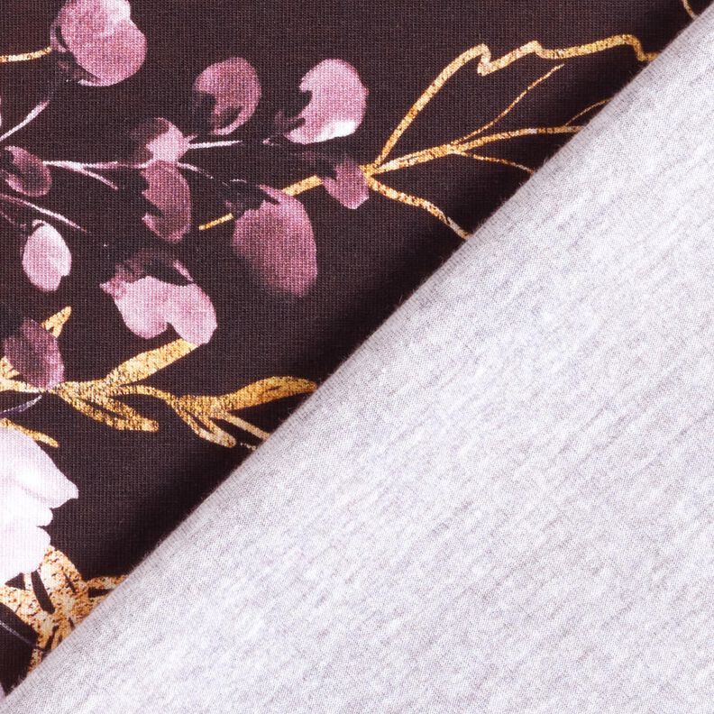 Bomuldsjersey Bordure stof Blomster i guldglimmer | Glitzerpüppi – bordeaux/pastelhyld,  image number 4
