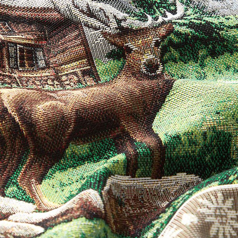 Dekorativt panelstof Gobelin hjort og bjerghytte – brun/grøn,  image number 2