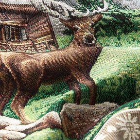 Dekorativt panelstof Gobelin hjort og bjerghytte – brun/grøn, 