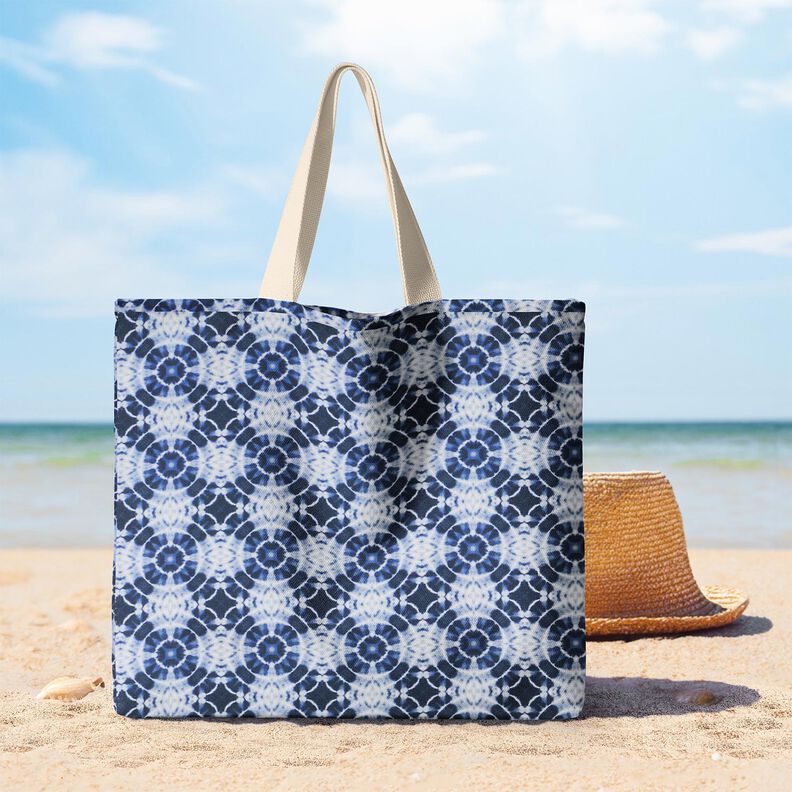 Dekorationsstof Canvas batikcirkler – indigo/hvid,  image number 9