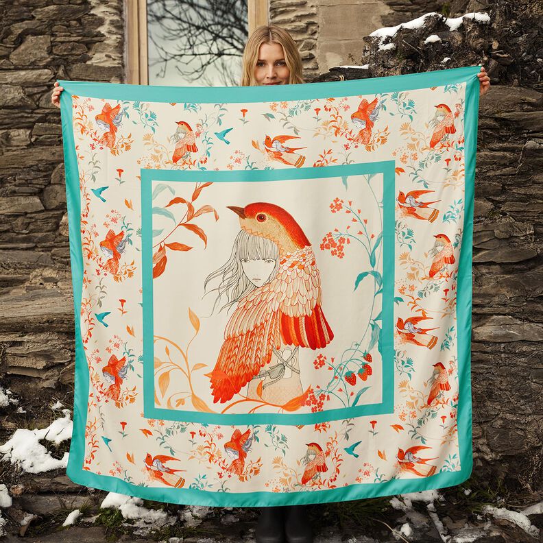 satin-panel med fugle og feer | Katia Fabrics – aquablå/creme,  image number 5