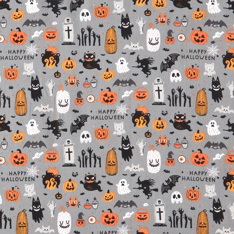 Bomuldsstof Poplin Happy Halloween – elefantgrå/lysorange,  image number 1