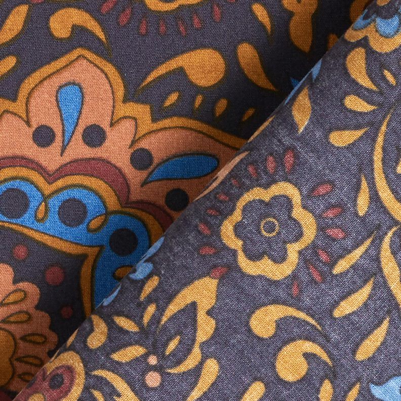 Skjortestof retroblomster og paisleymønstre – natblå/karamel,  image number 4