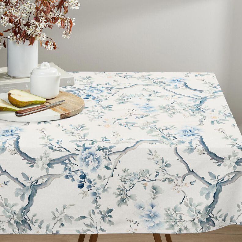 Dekorationsstof Halvpanama malede grene – hvid/blågrå,  image number 8