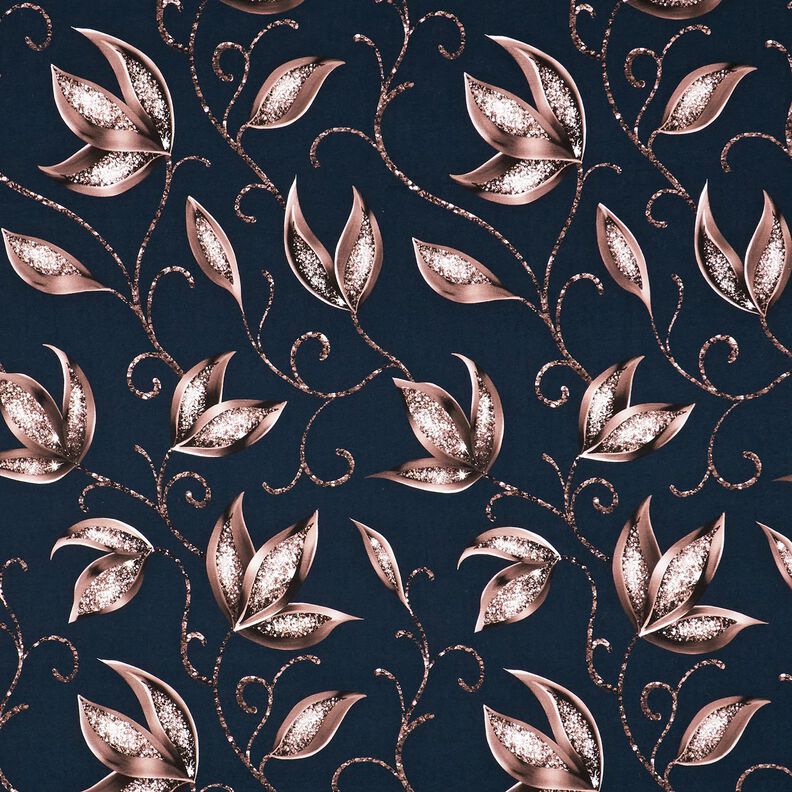 Bomuldsjersey funklende blade | Glitzerpüppi – natblå/mørk gammelrosa,  image number 1