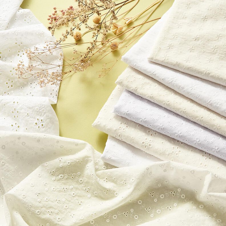 Bomuldsbatist Hulbroderi Blomster &ndash; hvid,  image number 6