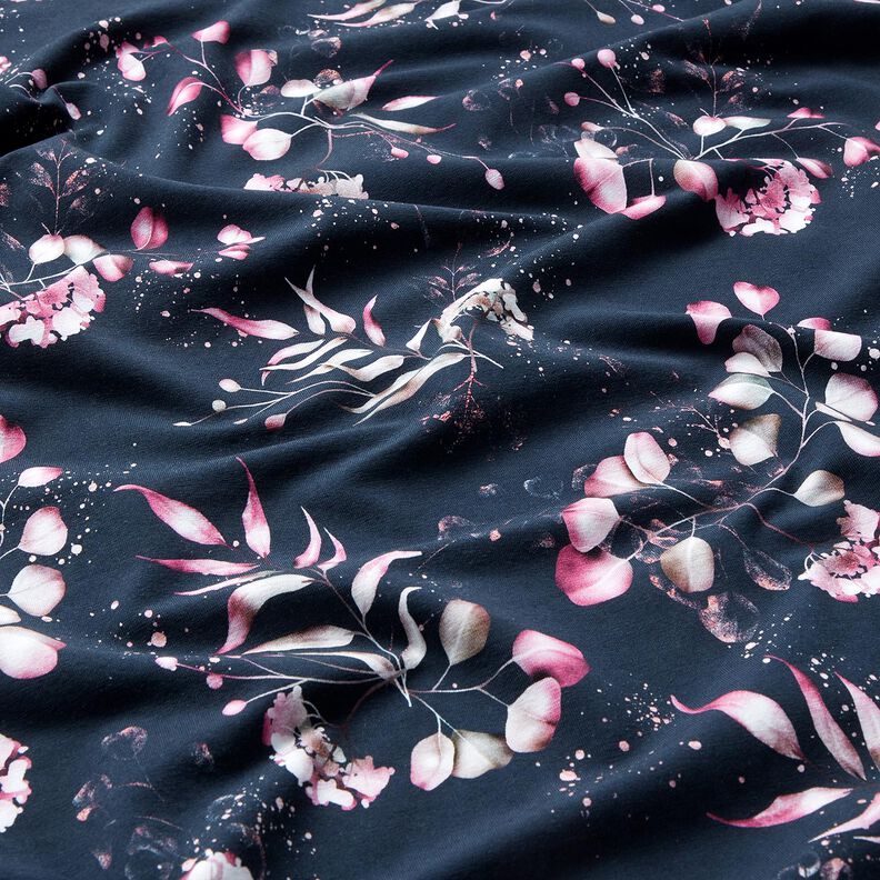 Bomuldsjersey Eukalyptus og hortensia | Glitzerpüppi – natblå/rosa,  image number 2