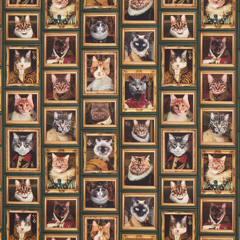 Dekorationsstof Halvpanama katteportr&aelig;tter &ndash; m&oslash;rkegr&oslash;n/guld,  image number 1