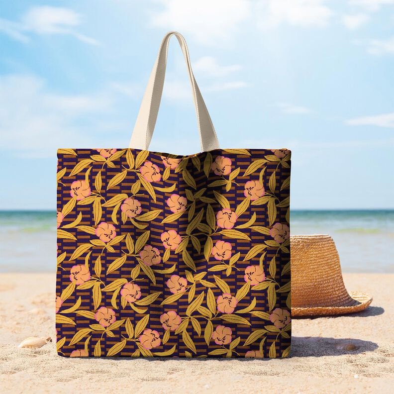 Dekorationsstof Halvpanama farverige blomster – aubergine/lysorange,  image number 7