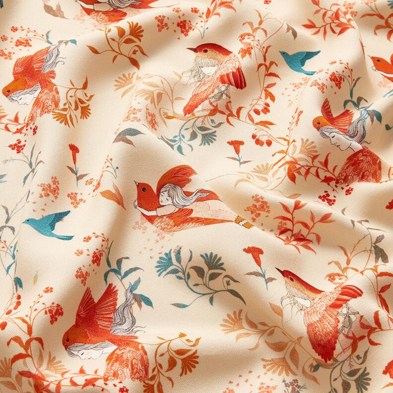 LENZING™ ECOVERO™ viskosestof med fugle og feer | Katia Fabrics – creme/ildrød,  image number 2