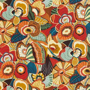 Bomuldsstof Cretonne folklore blomster – karminrød/petrol, 