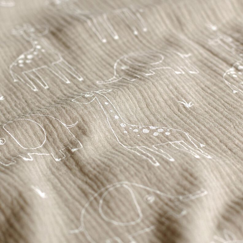 Musselin/Dobbelt-Crincle stof store giraffer og elefanter – silkegrå,  image number 2