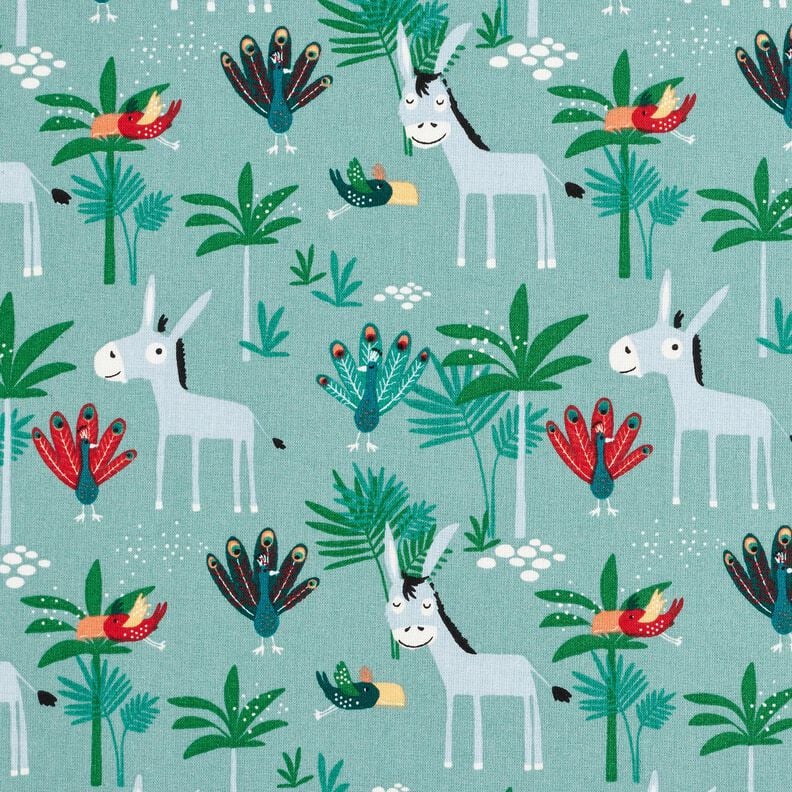 Bomuldsstof Cretonne æsler og påfugle – eukalyptus,  image number 1