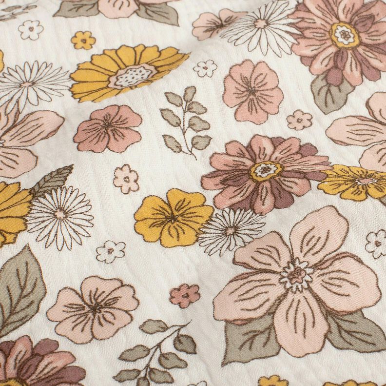 Musselin/Dobbelt-Crincle stof retroblomster – hvid,  image number 2