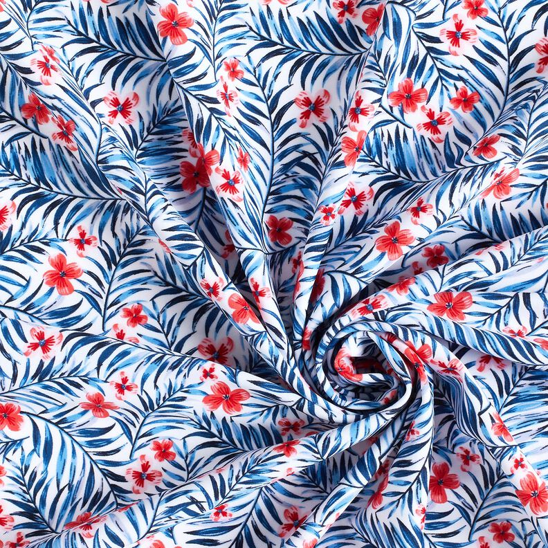Badetøjsstof Blomster og palmevifter – hvid/indigo,  image number 3