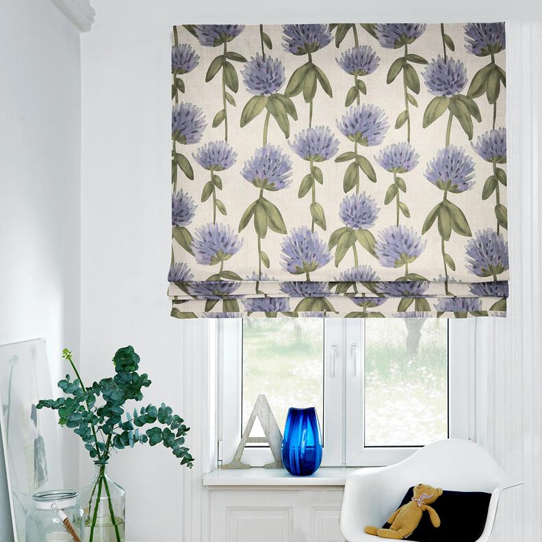 Dekorationsstof Halvpanama blomstrende kløver – blågrå/lys taupe,  image number 7
