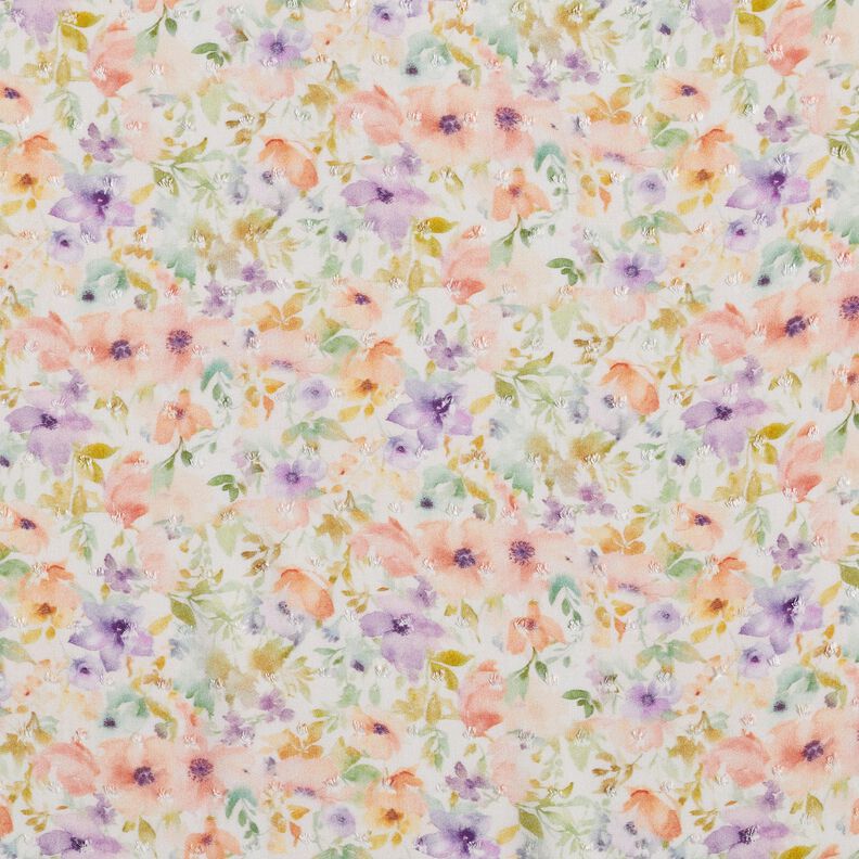 Viskosestof Dobby akvarel-blomsterhav digitalt print – elfenben/lavendel,  image number 1