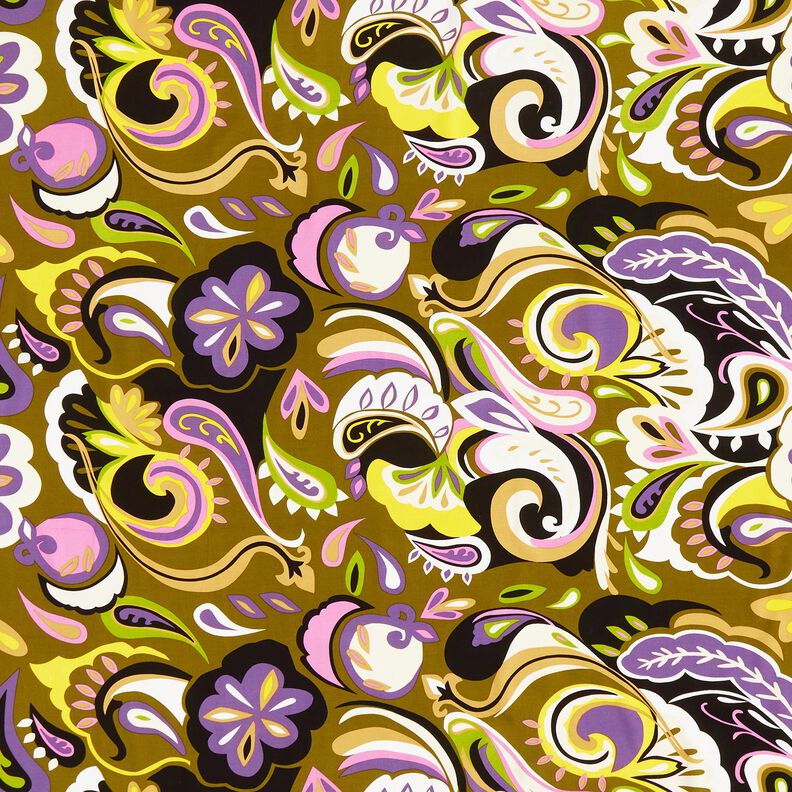 Viskosestof retroblomster – olivengrøn/lilla,  image number 1