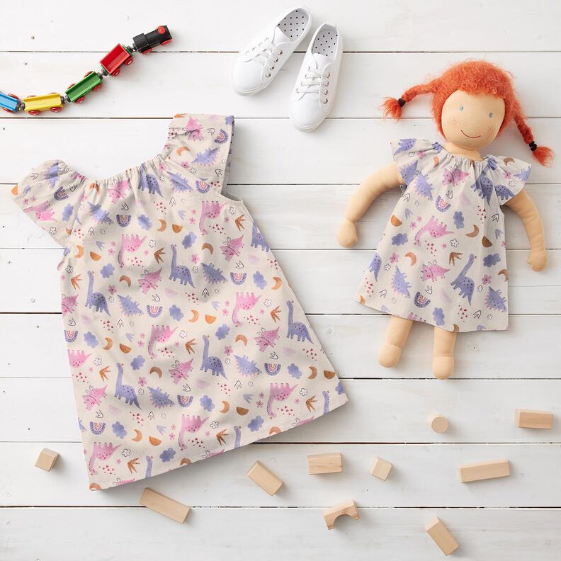 Bomuldspoplin dinosaur prinsesser Digitaltryk – lysebeige,  image number 5