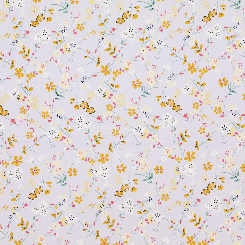 Bomuldspoplin fine blomster – pastelhyld/karrygul,  image number 1