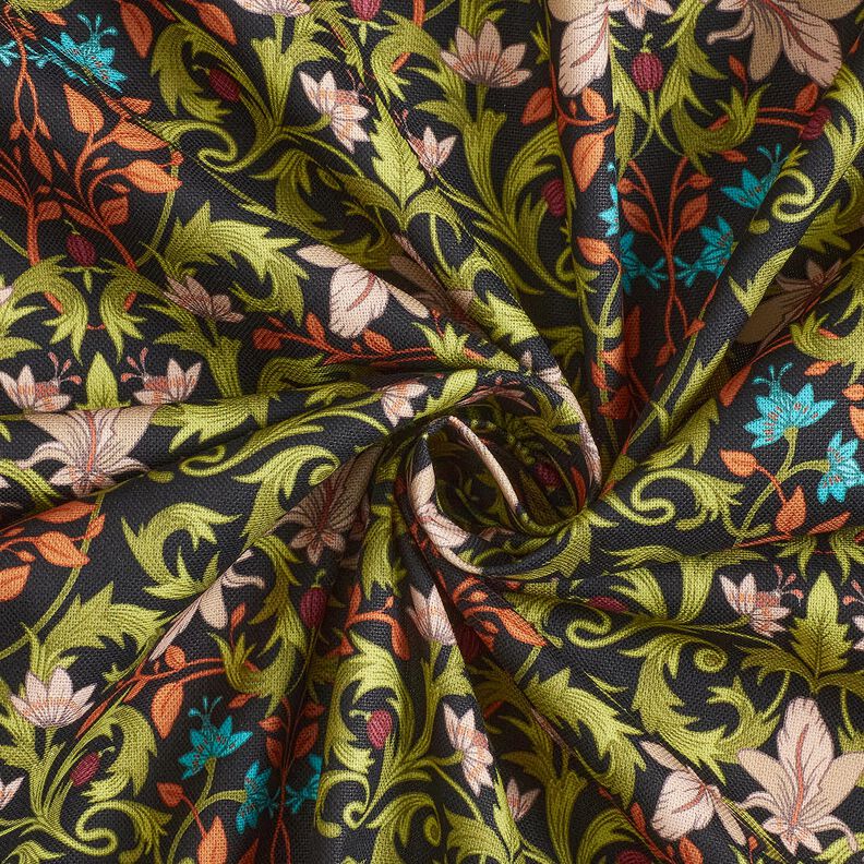 Dekorationsstof Halvpanama bladornamenter – sort/pinje,  image number 3