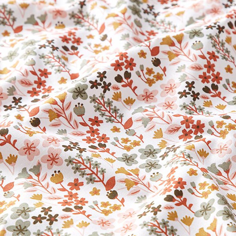 Bomuldsstof Cretonne fine blomster – orange/hvid,  image number 2