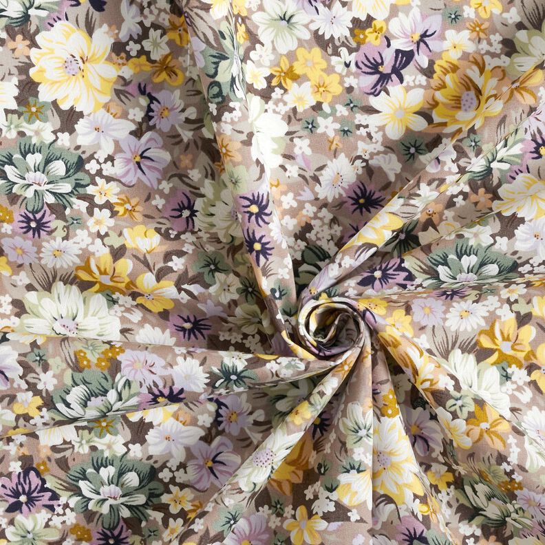 Bomuldspoplin romantiske blomster – lilla-grå/guld,  image number 3
