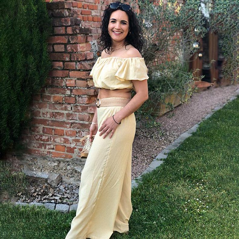 Bomulds-viskose-mix striber – karrygul/uldhvid,  image number 9