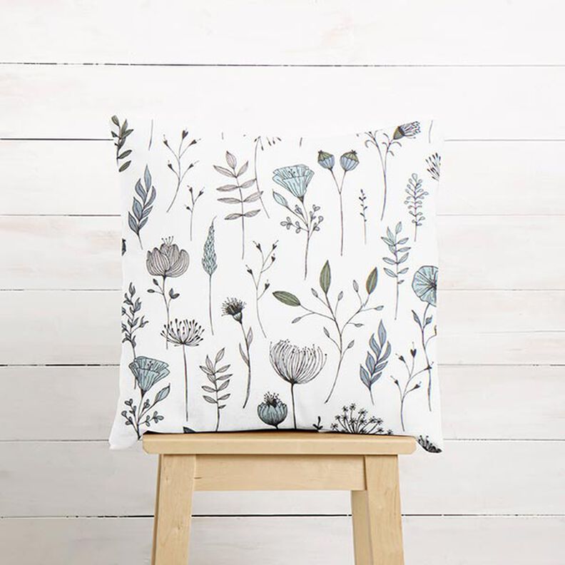 Dekorationsstof Halvpanama blomstertegning – uldhvid/sort,  image number 8