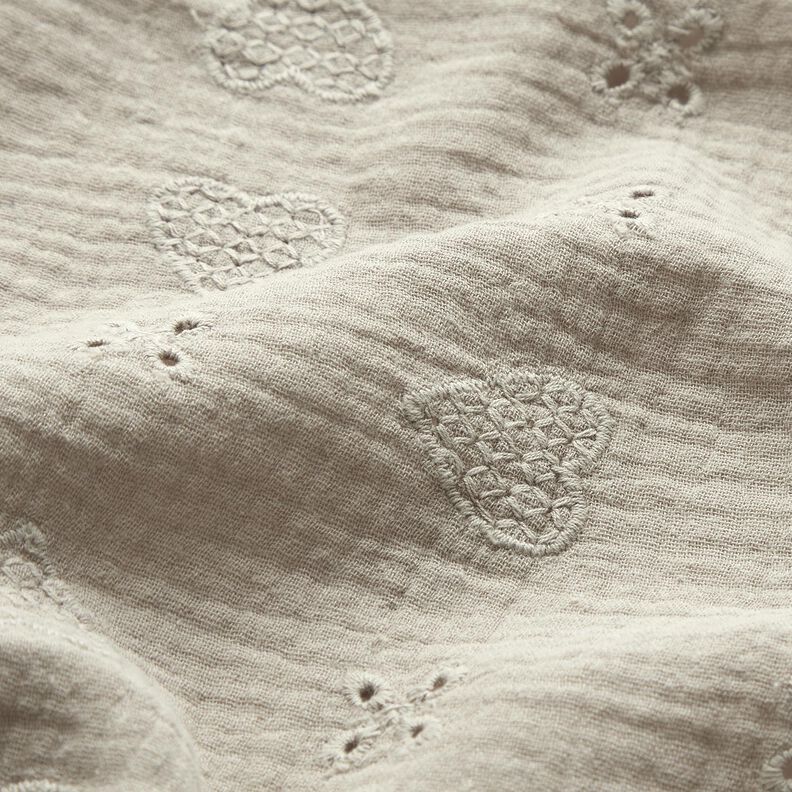 Musselin/Dobbelt-Crincle stof Hulbroderi Hjerter – silkegrå,  image number 2