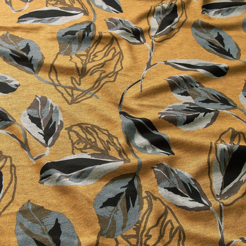 Viskosejersey store efterårsblade – karrygul/skiffergrå,  image number 2
