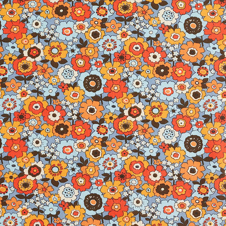 Bomuldsstof Cretonne farverige blomster – lys jeans-blå/orange,  image number 1
