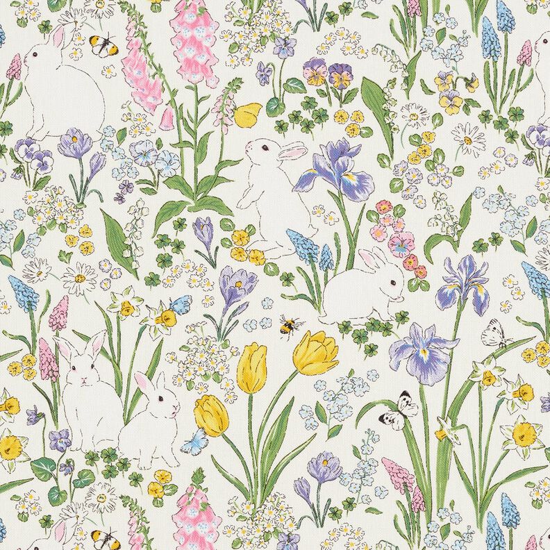 Dekorationsstof Halvpanama kaniner på blomstereng – elfenben/lys rosa,  image number 1