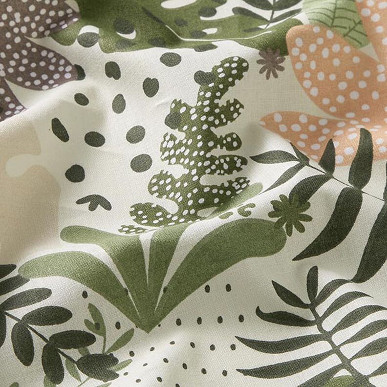 Bomuldsstof Cretonne abstrakte jungleplanter – hvid/grøn,  image number 2