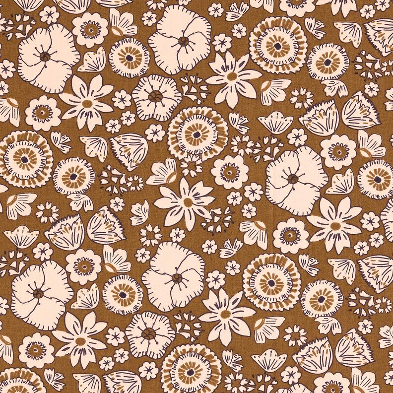 Bomuldsstof Cretonne retro-blomster – olivengrøn/rosé,  image number 1